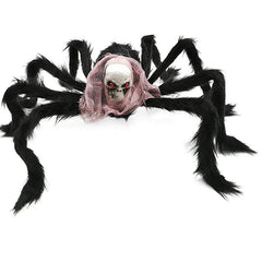 Giant Halloween Plush Spider with Realistic Skeleton Head - Posable Furry Monster Spider Prop - Spooky Haunted House Decor, Outdoor Yard Prank & Horror Party Supplies