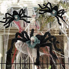 Giant Halloween Plush Spider with Realistic Skeleton Head - Posable Furry Monster Spider Prop - Spooky Haunted House Decor, Outdoor Yard Prank & Horror Party Supplies