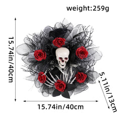 Spooky Red Rose & Skull Floral Wreath - 16-inch Gothic Mesh Door Decor for Halloween Parties and Haunted House Props