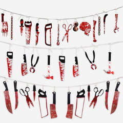 Bloody Slasher Weapon Garland - Realistic Horror Knife Banner and Hanging Pendant Props for Haunted House and Party Wall Decor