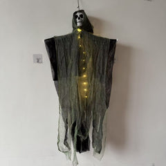 Spooky Hanging Ghost Door Curtain with Skulls - 40-inch Creepy Gauze Backdrop for Halloween Haunted House Decor and Gothic Party Props