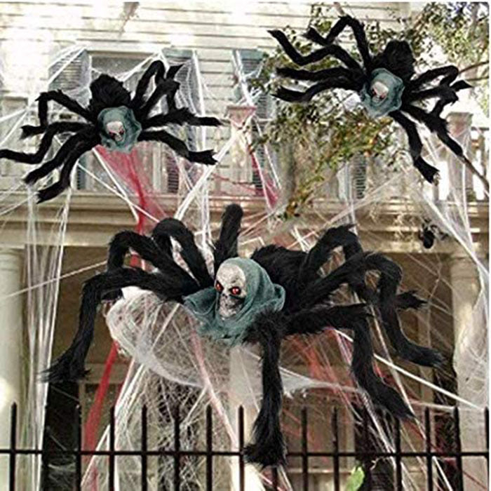 Giant Halloween Plush Spider with Realistic Skeleton Head - Posable Furry Monster Spider Prop - Spooky Haunted House Decor, Outdoor Yard Prank & Horror Party Supplies