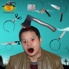 Halloween Horror Headband Props - Realistic Bloody Knife, Syringe, and Scissors Hair Accessories - Spooky Masquerade Costume Jewelry for Haunted House Pranks