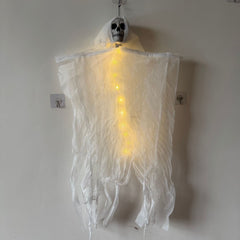 Spooky Hanging Ghost Door Curtain with Skulls - 40-inch Creepy Gauze Backdrop for Halloween Haunted House Decor and Gothic Party Props