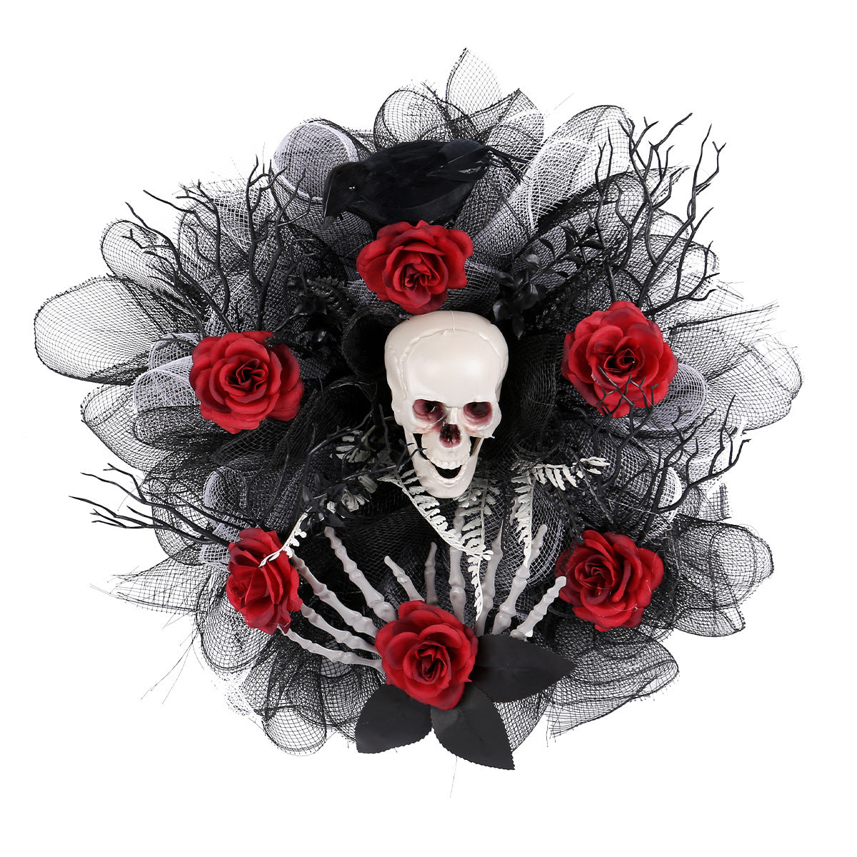 Spooky Red Rose & Skull Floral Wreath - 16-inch Gothic Mesh Door Decor for Halloween Parties and Haunted House Props
