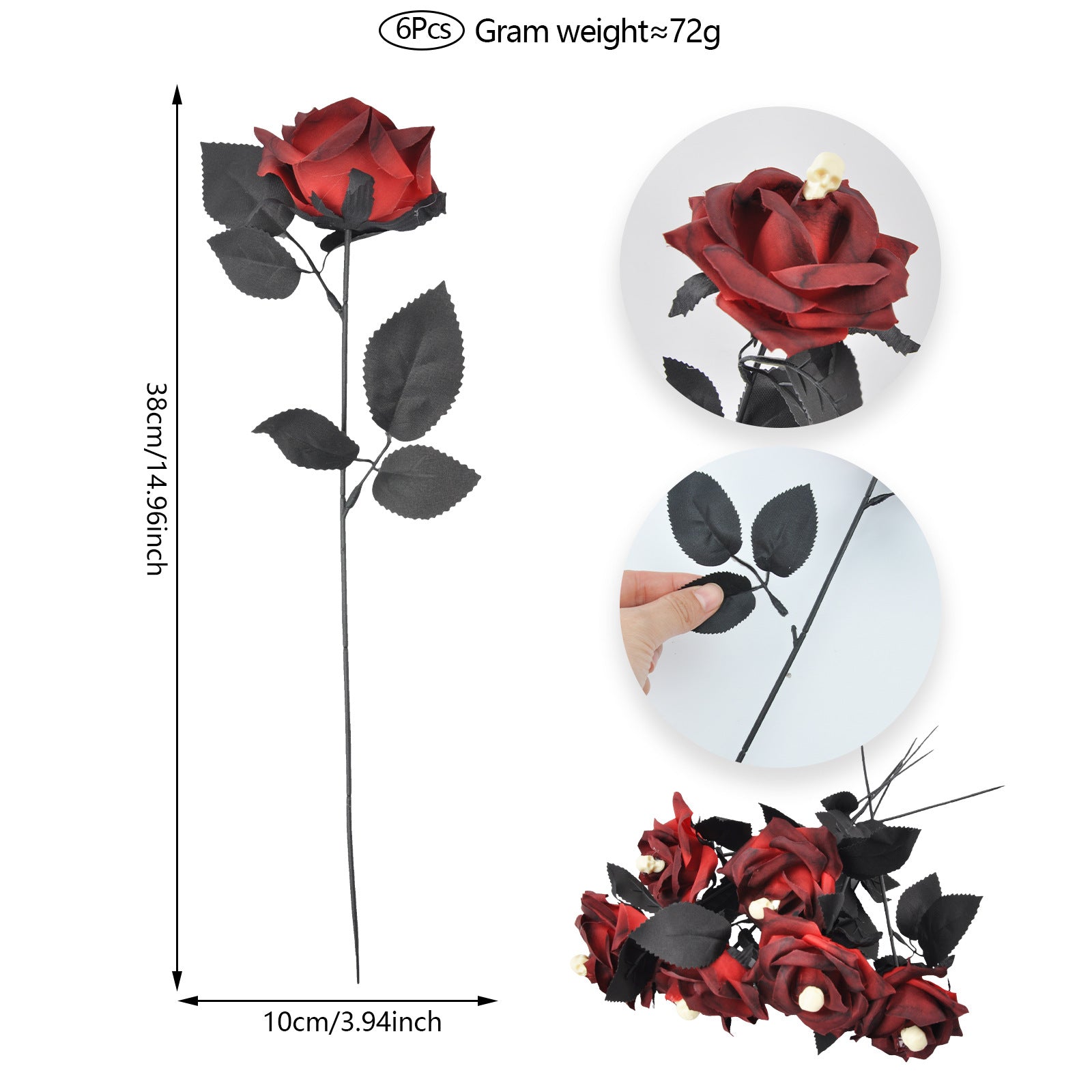 Artificial Halloween Floral Picks with Skulls and Spiders - 15-inch Gothic Rose Stems for Spooky Flower Arrangements and DIY Wreath Accents