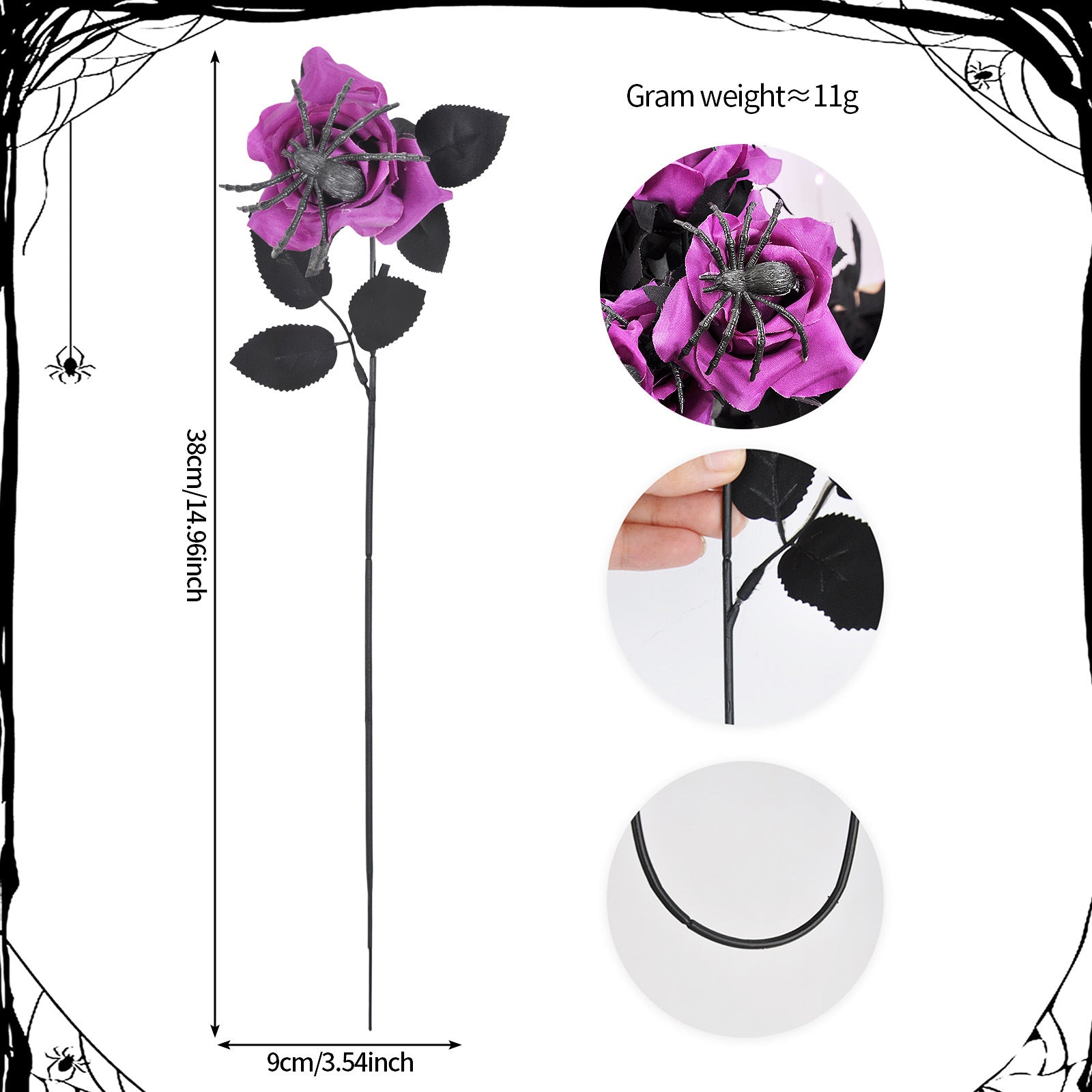 Artificial Halloween Floral Picks with Skulls and Spiders - 15-inch Gothic Rose Stems for Spooky Flower Arrangements and DIY Wreath Accents