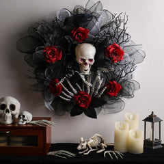 Spooky Red Rose & Skull Floral Wreath - 16-inch Gothic Mesh Door Decor for Halloween Parties and Haunted House Props