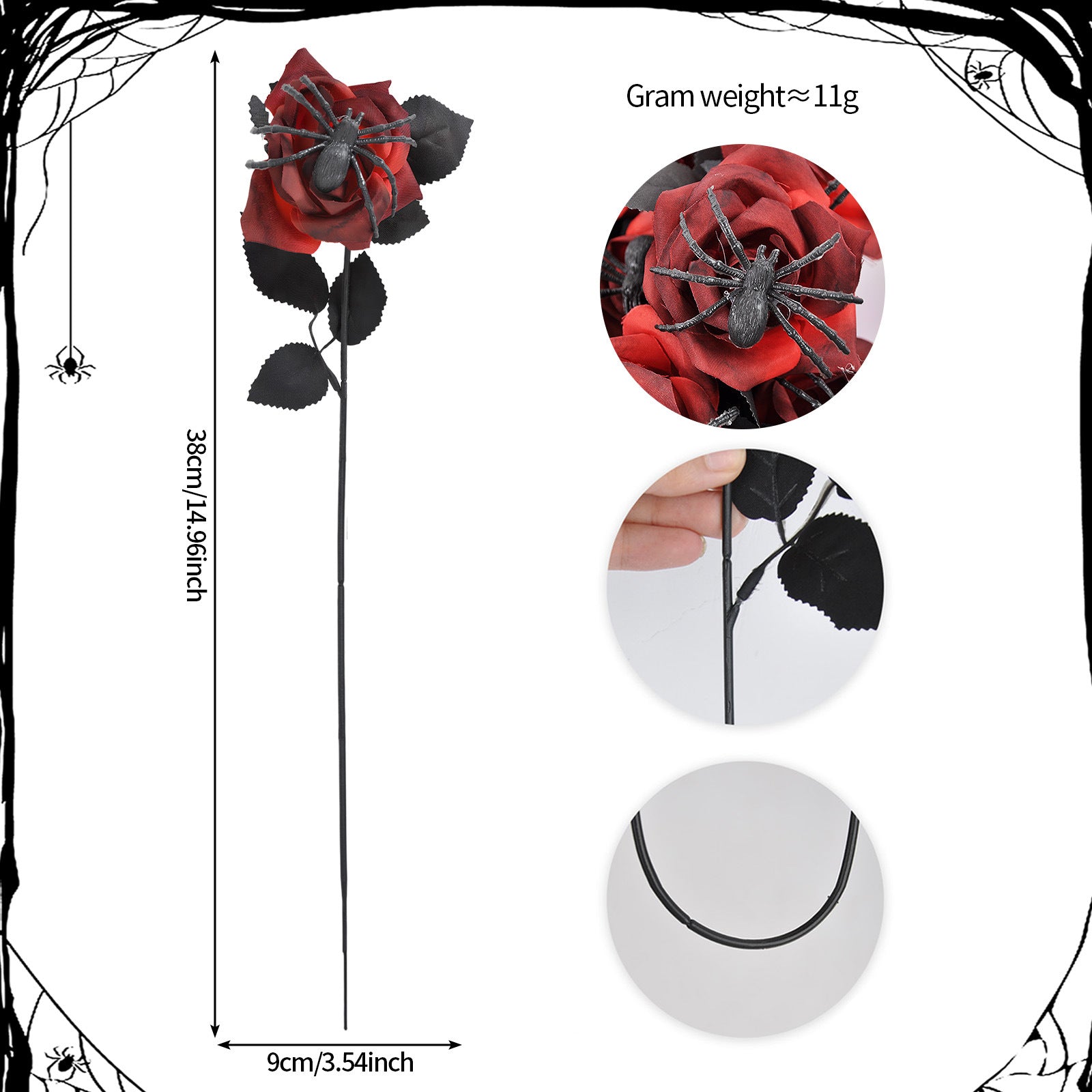 Artificial Halloween Floral Picks with Skulls and Spiders - 15-inch Gothic Rose Stems for Spooky Flower Arrangements and DIY Wreath Accents