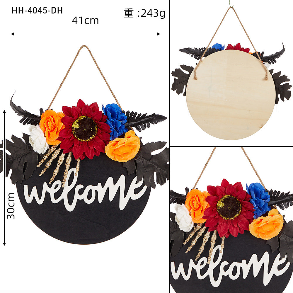 Spooky Skull Door Wreath - 16-inch Gothic Halloween Garland with Realistic Bone Accents - Horror-Themed Wall Decor for Haunted House Scenes and Party Entryways