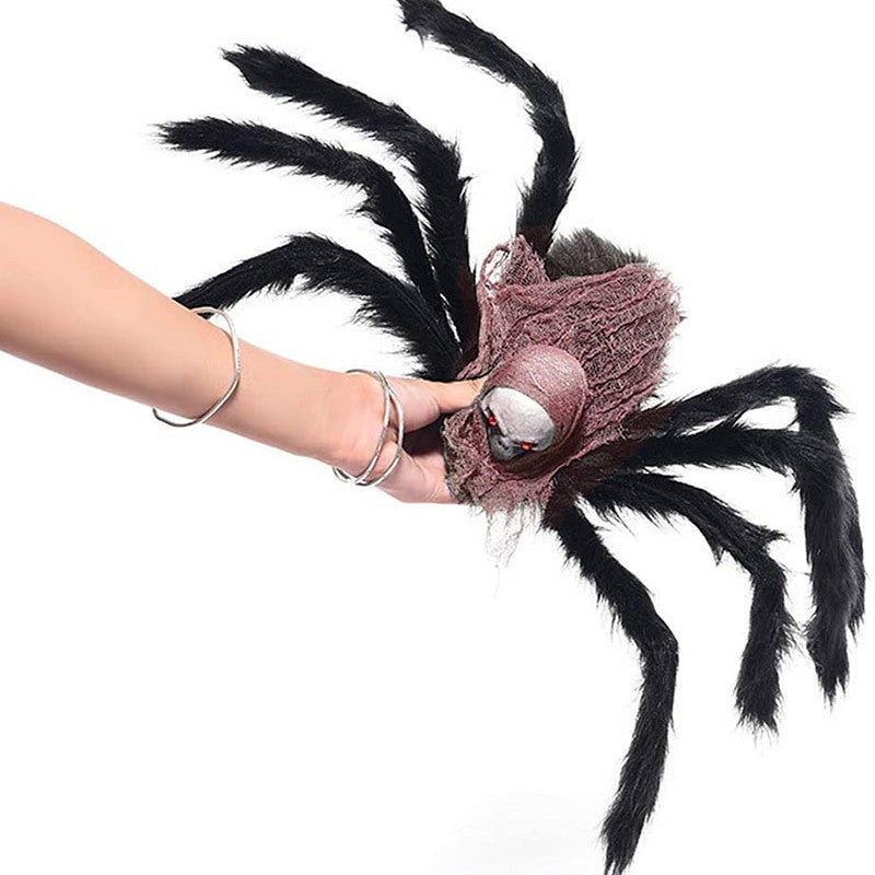 Giant Halloween Plush Spider with Realistic Skeleton Head - Posable Furry Monster Spider Prop - Spooky Haunted House Decor, Outdoor Yard Prank & Horror Party Supplies