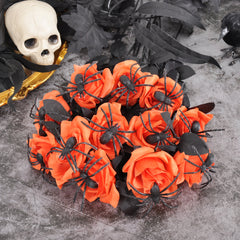 Artificial Halloween Floral Picks with Skulls and Spiders - 15-inch Gothic Rose Stems for Spooky Flower Arrangements and DIY Wreath Accents