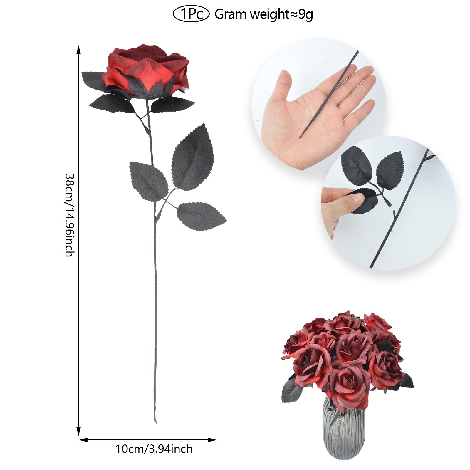 Artificial Halloween Floral Picks with Skulls and Spiders - 15-inch Gothic Rose Stems for Spooky Flower Arrangements and DIY Wreath Accents