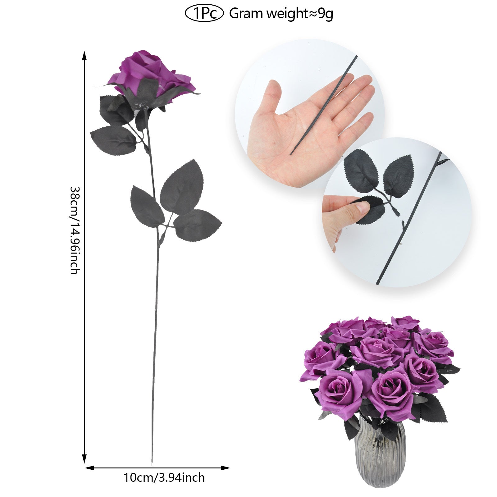 Artificial Halloween Floral Picks with Skulls and Spiders - 15-inch Gothic Rose Stems for Spooky Flower Arrangements and DIY Wreath Accents