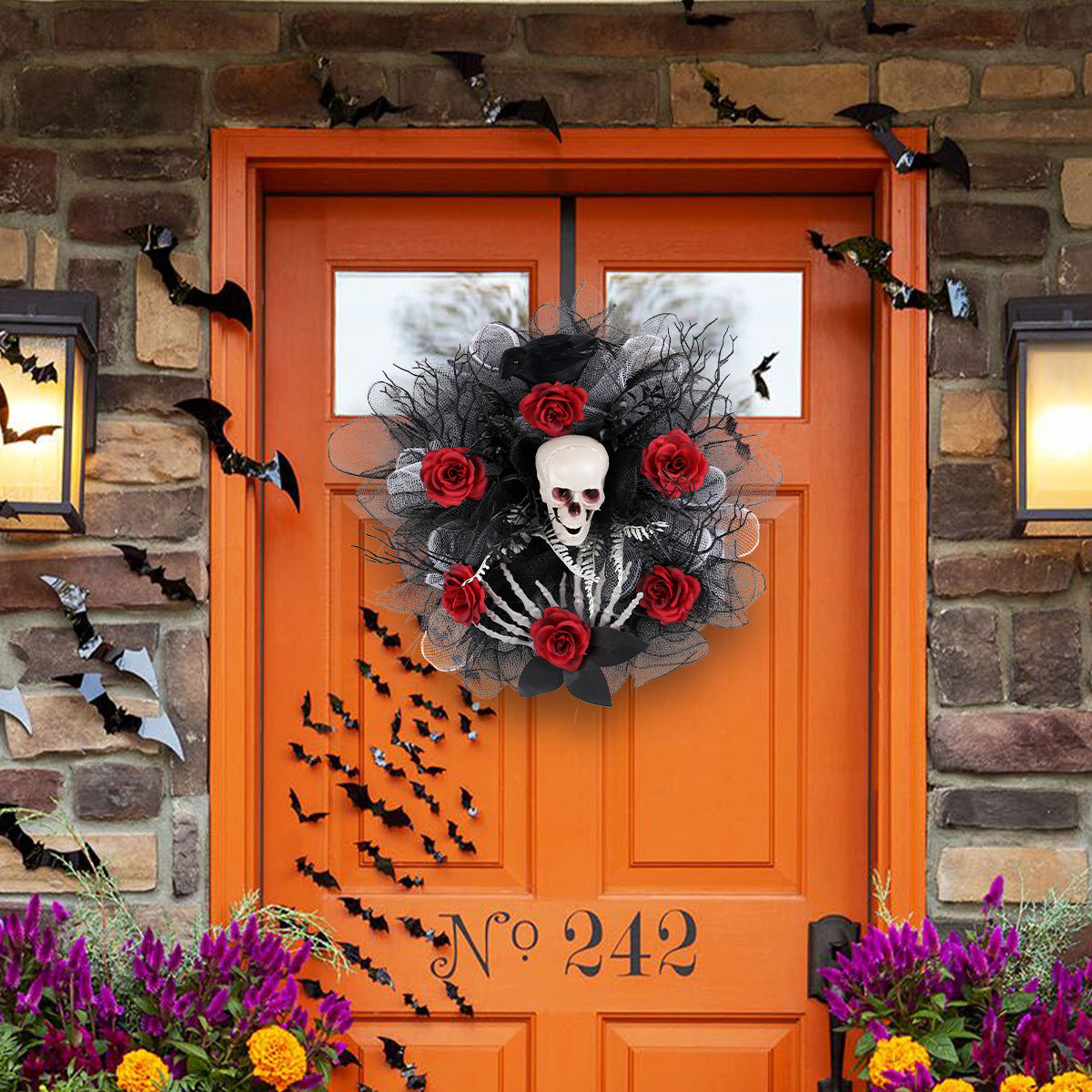 Spooky Red Rose & Skull Floral Wreath - 16-inch Gothic Mesh Door Decor for Halloween Parties and Haunted House Props