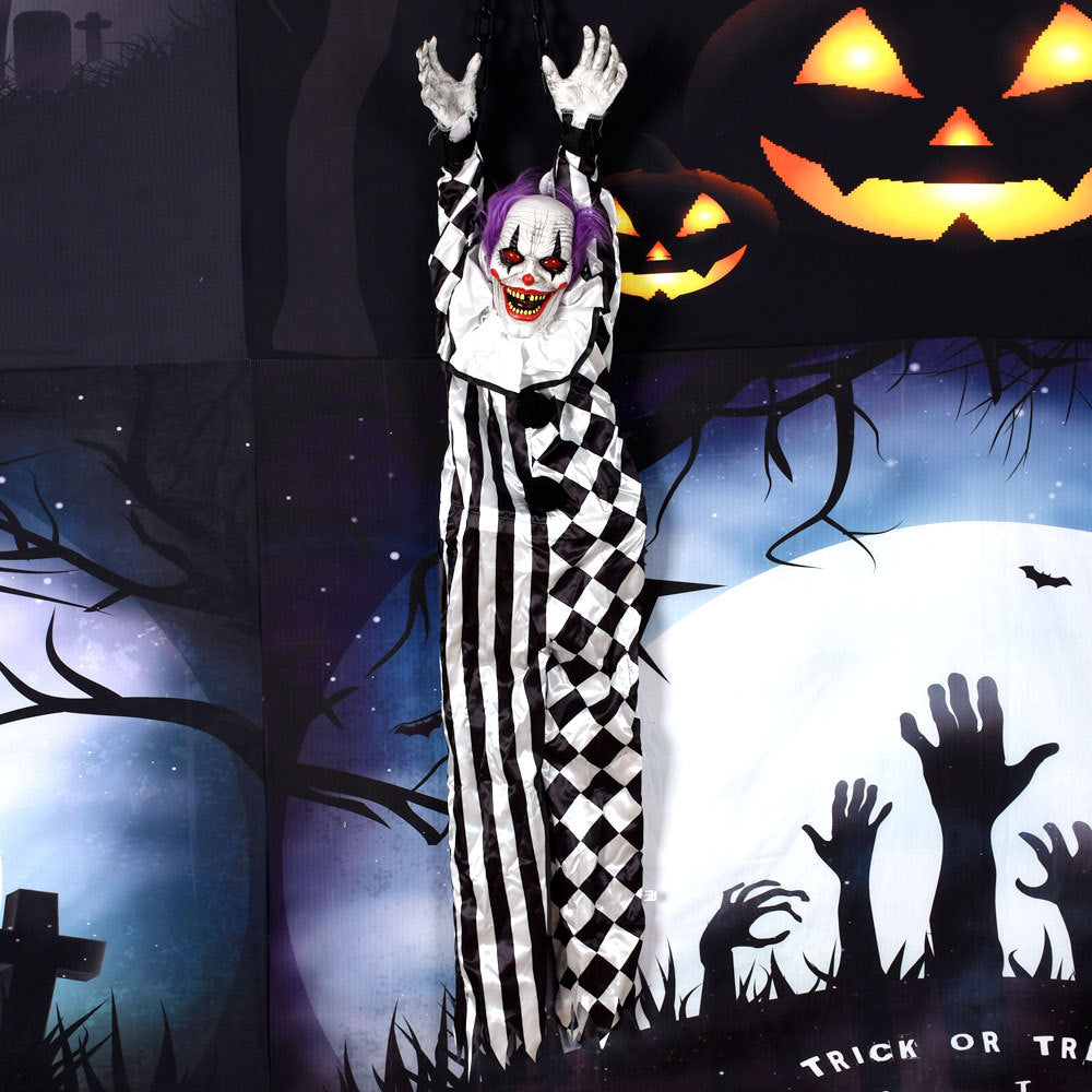 Animated Hanging Horror Clown Prop - Sound-Activated Shaking Clown with Glowing Eyes and Eerie Laughter - Spooky Haunted House Decoration and Halloween Prank Toy