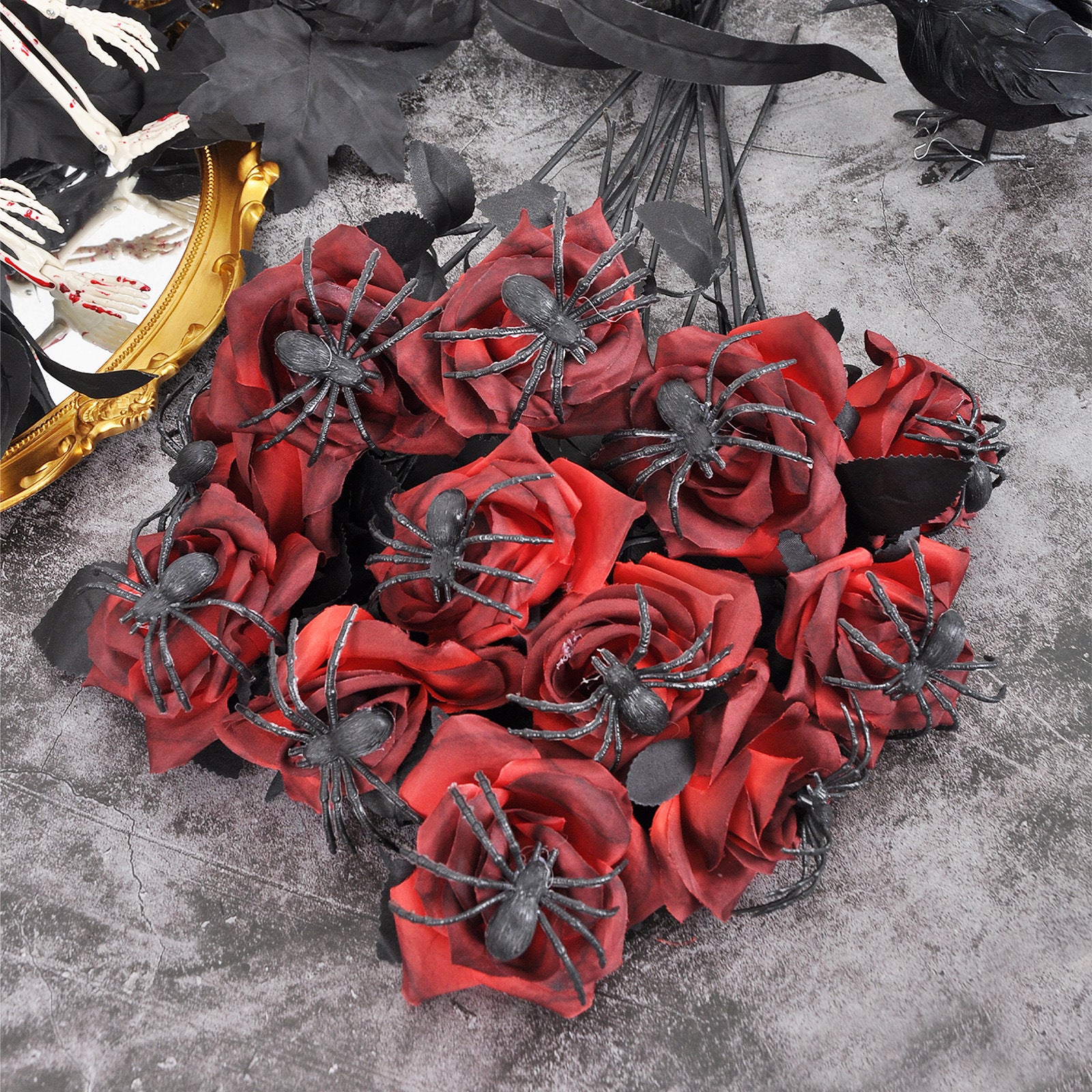 Artificial Halloween Floral Picks with Skulls and Spiders - 15-inch Gothic Rose Stems for Spooky Flower Arrangements and DIY Wreath Accents