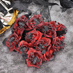Artificial Halloween Floral Picks with Skulls and Spiders - 15-inch Gothic Rose Stems for Spooky Flower Arrangements and DIY Wreath Accents