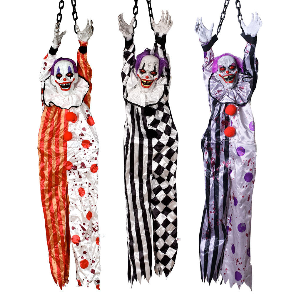 Animated Hanging Horror Clown Prop - Sound-Activated Shaking Clown with Glowing Eyes and Eerie Laughter - Spooky Haunted House Decoration and Halloween Prank Toy
