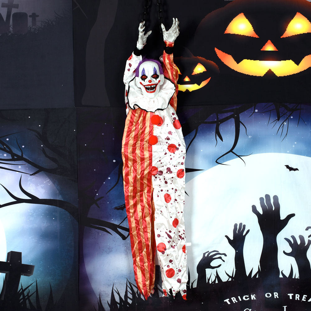 Animated Hanging Horror Clown Prop - Sound-Activated Shaking Clown with Glowing Eyes and Eerie Laughter - Spooky Haunted House Decoration and Halloween Prank Toy