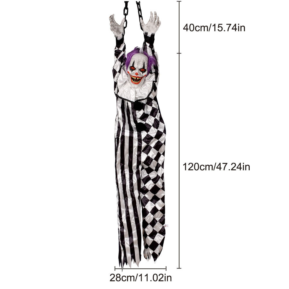 Animated Hanging Horror Clown Prop - Sound-Activated Shaking Clown with Glowing Eyes and Eerie Laughter - Spooky Haunted House Decoration and Halloween Prank Toy
