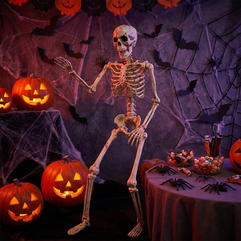 5.4-Foot Life-Size Posable Halloween Skeleton - 165cm Realistic Human Bone Model for Haunted House Decor, Graveyard Scenes, and Spooky Outdoor Party Displays