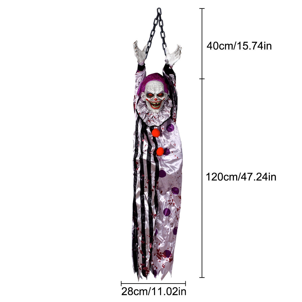 Animated Hanging Horror Clown Prop - Sound-Activated Shaking Clown with Glowing Eyes and Eerie Laughter - Spooky Haunted House Decoration and Halloween Prank Toy