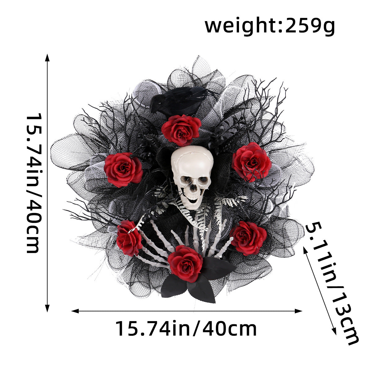 Spooky Red Rose & Skull Floral Wreath - 16-inch Gothic Mesh Door Decor for Halloween Parties and Haunted House Props