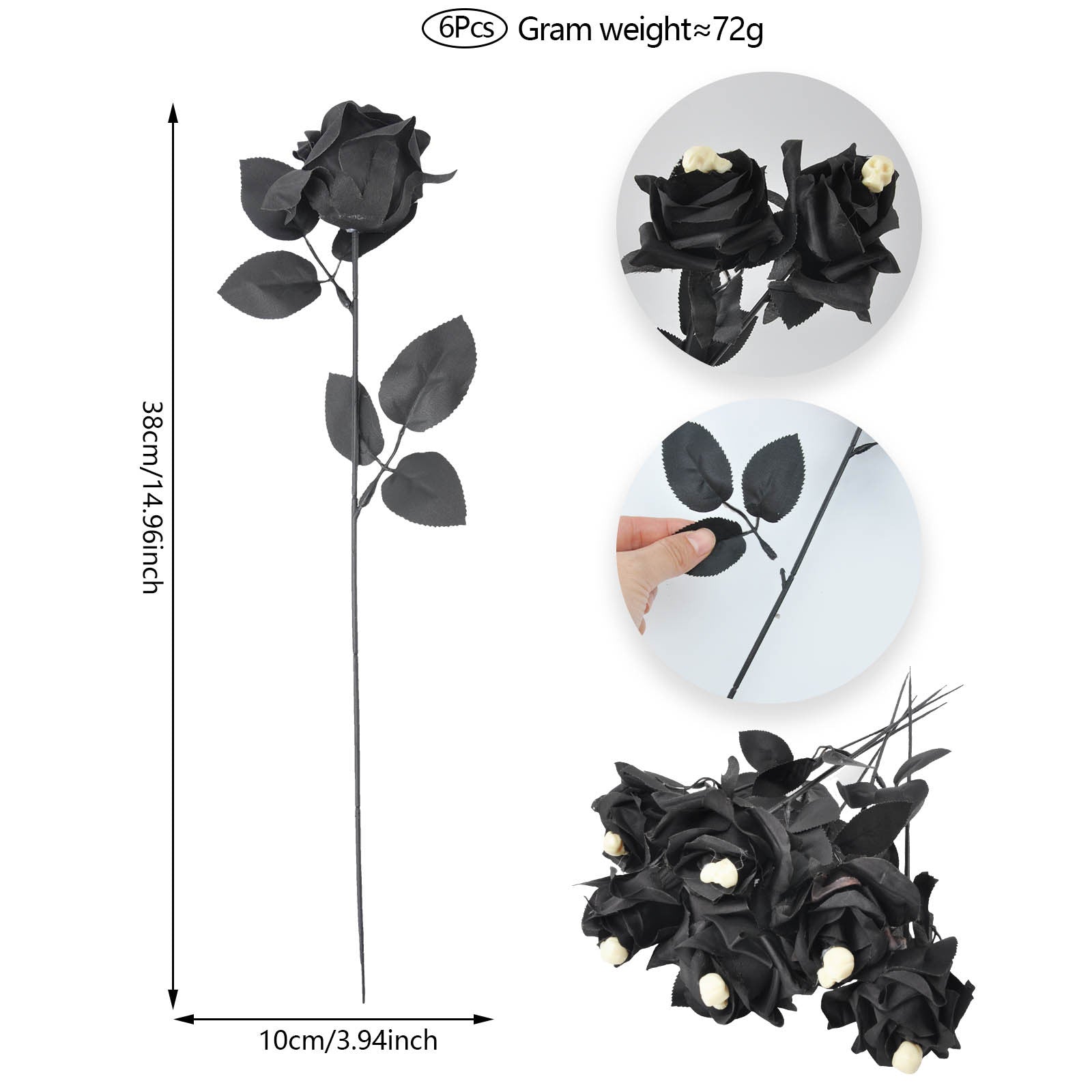 Artificial Halloween Floral Picks with Skulls and Spiders - 15-inch Gothic Rose Stems for Spooky Flower Arrangements and DIY Wreath Accents