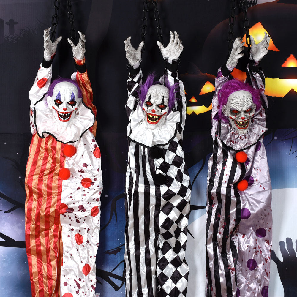Animated Hanging Horror Clown Prop - Sound-Activated Shaking Clown with Glowing Eyes and Eerie Laughter - Spooky Haunted House Decoration and Halloween Prank Toy