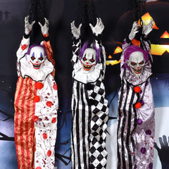 Animated Hanging Horror Clown Prop - Sound-Activated Shaking Clown with Glowing Eyes and Eerie Laughter - Spooky Haunted House Decoration and Halloween Prank Toy